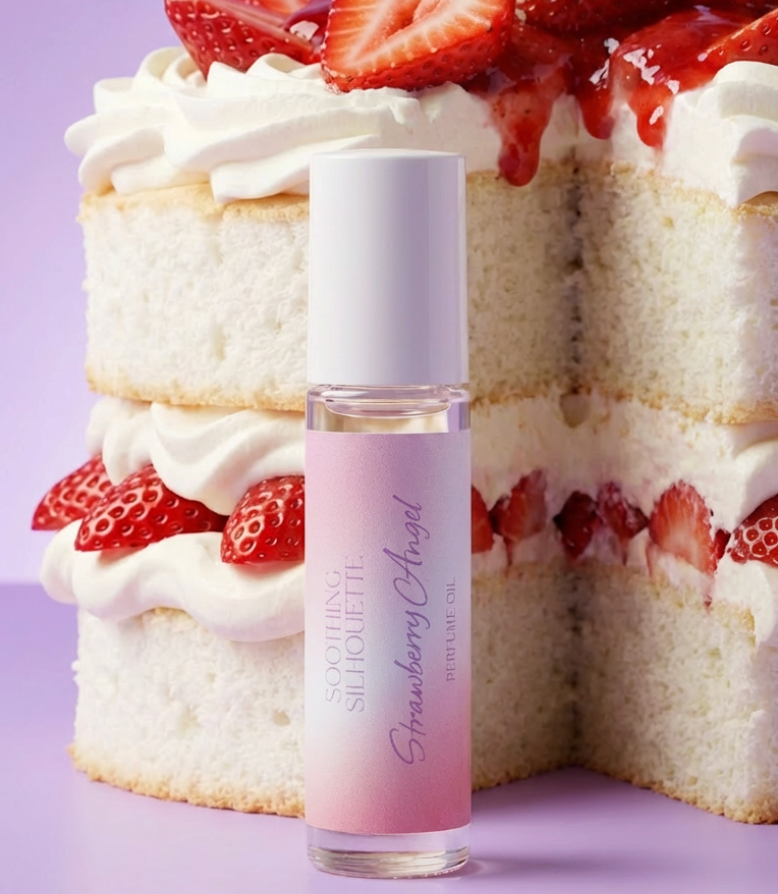 Strawberry Angel 10 milliliter perfume oil bottle. A large strawberry angel food cake as a photo prop on a light purple background. Original Price: $14. Comes in a roll-on glass bottle. Notes are strawberry jam, angel food cake and vanilla. Ingredients are Isopropyl Myristate and Fragrance