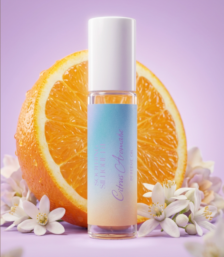 Citrus Aromatic 10 milliliter perfume oil bottle.  An sliced orange with flowers as photo props on a light purple background. Original Price: $14. Comes in a roll-on glass bottle. Notes are Bergamot, mandarin, petitgrain, orange flower, jasmine, pitosporum and amber. Ingredients are Prunus Armeniaca (Apricot) Kernel Oil, Fragrance, Polycitronellol