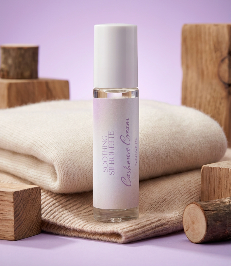 Cashmere Cream 10 milliliter perfume oil bottle.  A sweater and wood blocks as photo props on a light purple background. Original Price: $14. Comes in a roll-on glass bottle. Notes are cashmere musk, sweet vanilla and soft woods. Ingredients are Isopropyl Myristate and Fragrance