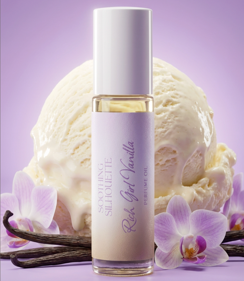 Rich Girl Vanilla 10 milliliter perfume oil bottle. Ice cream, vanilla beans and flowers as photo props on a light purple background. Original Price: $14. Comes in a roll-on glass bottle. Notes are Jasmine, orchid, woods, amber, vanilla and musk. Ingredients are Isopropyl Myristate and Fragrance