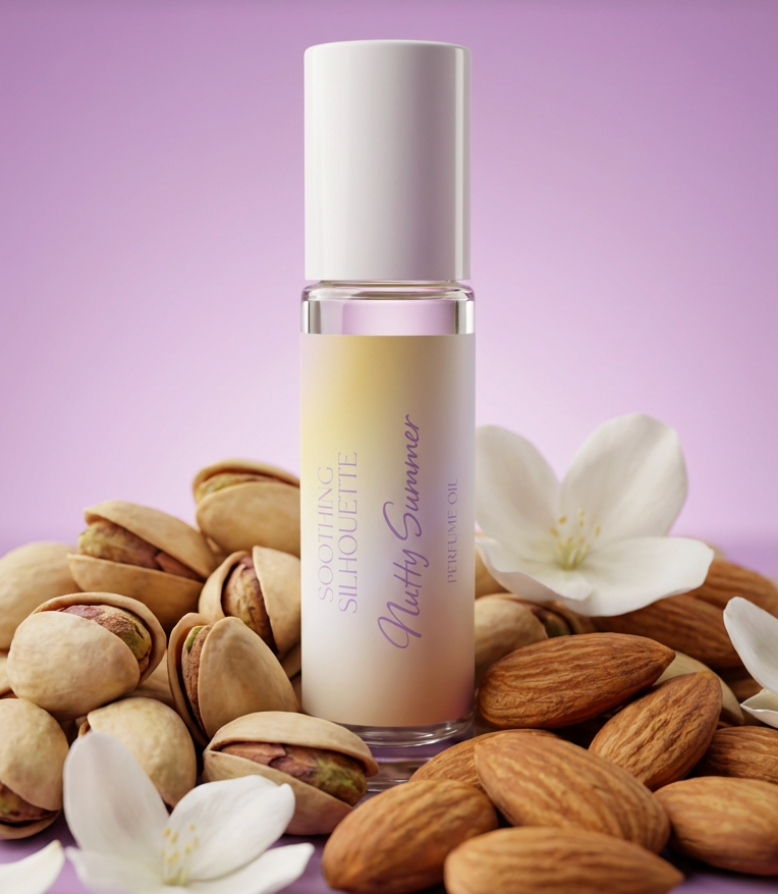 Nutty Summer 10 milliliter perfume oil bottle. Pistachios, almonds and jasmine as photo props on a light purple background. Original Price: $14. Comes in a roll-on glass bottle. Notes are pistachio, almond, salted caramel, jasmine, vanilla, sandalwood and heliotrope. Ingredients is Isopropyl Myristate and Fragrance