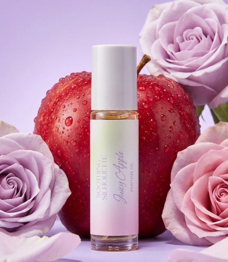 Juicy apple 10 milliliter perfume oil bottle.  An apple and roses as photo props on a light purple background. Original Price: $14. Comes in a roll-on glass bottle. Notes are apple, black currant, grapefruit, berries, and rose. Ingredients is Isopropyl Myristate and Fragrance